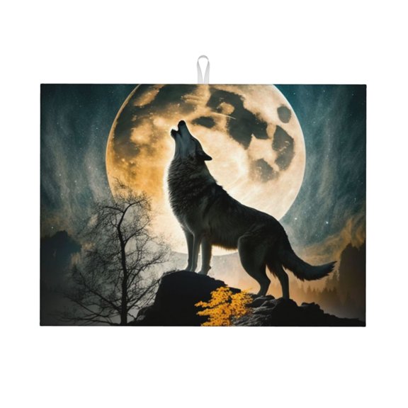 Wolf Full Moon Howling Large Kitchen Drying Mat 18x24 Inch Ultra Absorbent Dish Drying Mats Foldable Countertop Protector