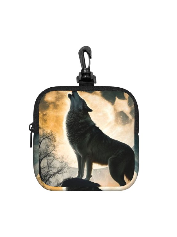 Wolf Full Moon Howling Square Gear Pouch with Lobster Clasp Waterproof Tech Accessory Organizer, Key & Coin Case