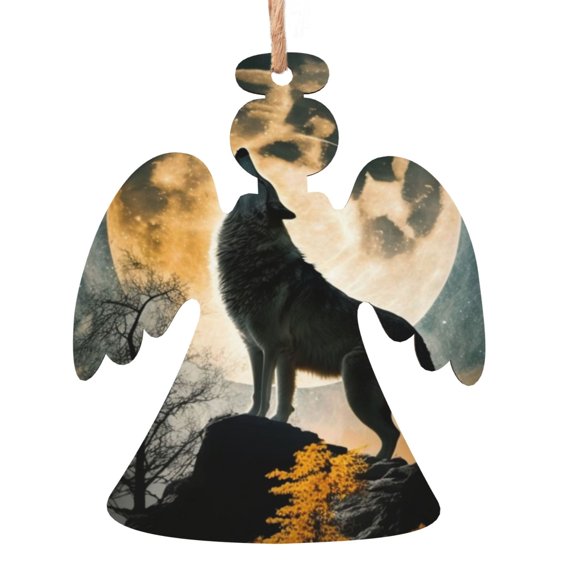 Wolf Full Moon Howling Wooden Christmas Ornament Angel Shape,Xmas Tree Hanging Decoration 6 PCS
