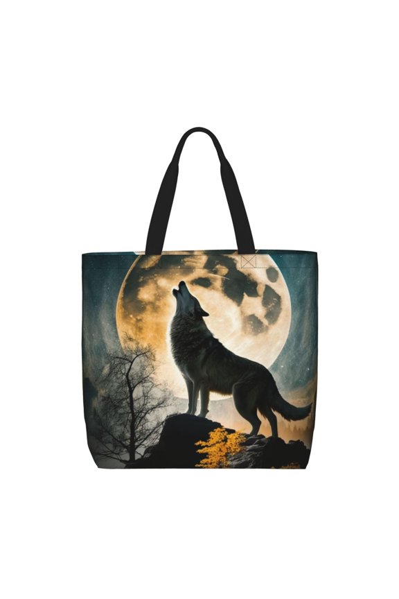 Wolf Full Moon Howling Zippered Tote Bag Large Capacity Shoulder Handbag for Shopping, Work, Travel