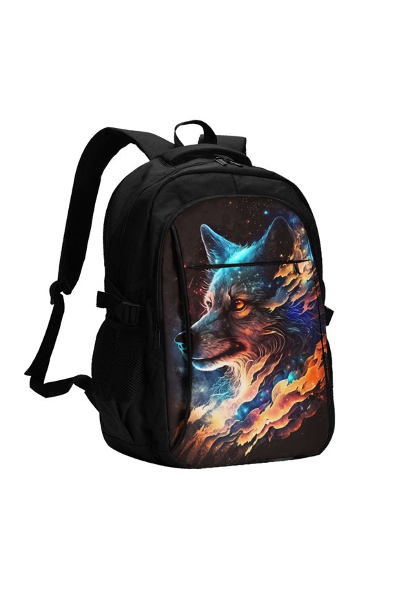 Wolf Galaxy Fire Space Laptop Backpack with USB Charging Headphone Port Casual Daypack Bag College Business Travel