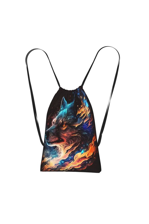 Wolf Galaxy Fire Space Packable Drawstring Backpack, Lightweight Foldable Cinch Storage Bag for Gym Travel Shopping