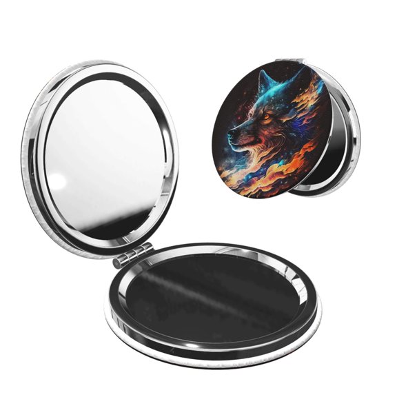 Wolf Galaxy Fire Space Portable Double-Sided Face Mirror Round Shape, Magnifying Compact Pocket Mirror with PU Leather Cover