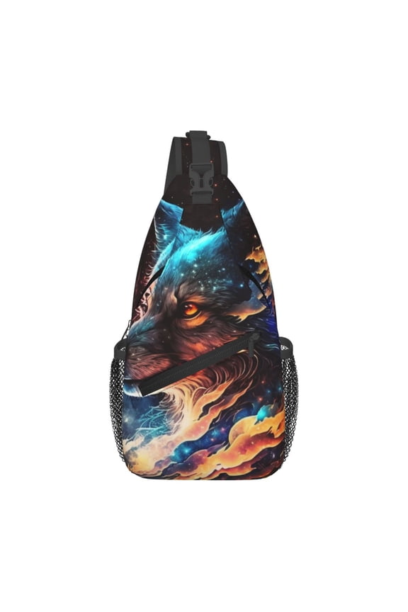 Wolf Galaxy Fire Space Sling Backpack Shoulder Chest Crossbody Bag Causal Travel Hiking Daypack