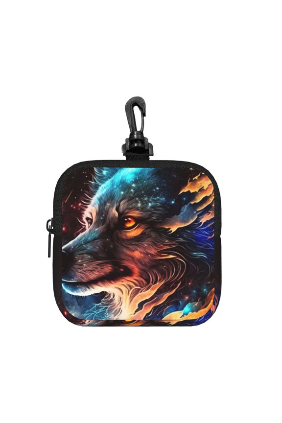 Wolf Galaxy Fire Space Square Gear Pouch with Lobster Clasp Waterproof Tech Accessory Organizer, Key & Coin Case