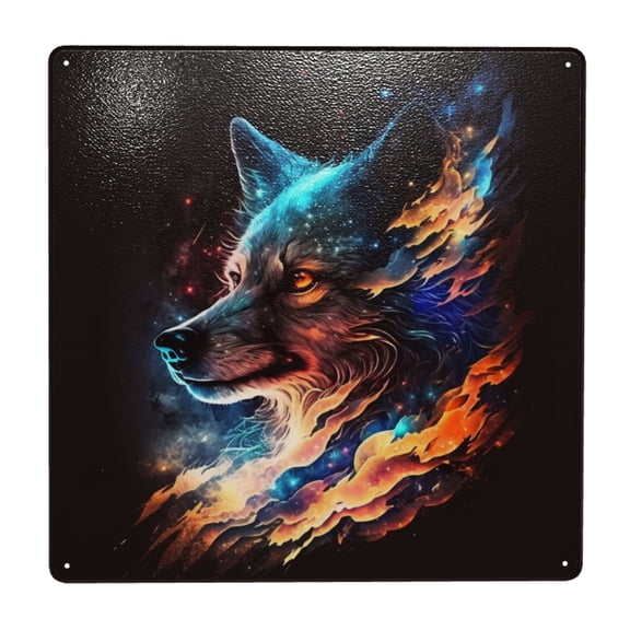 Wolf Galaxy Fire Space Square Metal Sign 12x12 Inch Tin Sign Wall Decor Decorative Plaque for Bar, Cafe, Restaurant