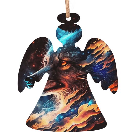 Wolf Galaxy Fire Space Wooden Christmas Ornament Angel Shape,Xmas Tree Hanging Decoration 6 PCS