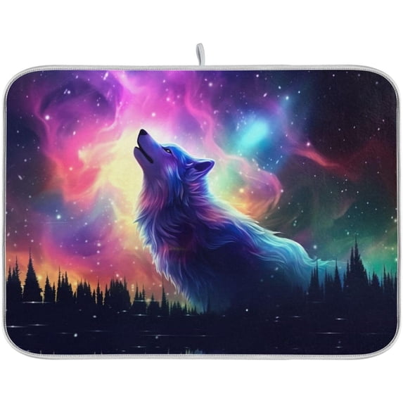 Wolf Galaxy Forest Dish Drying Mat for Kitchen Counter, Ultra Absorbent Reversible Microfiber Dishes Drying Rack Pad Heat-resistant Mats 18x24in