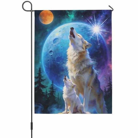 Wolf Garden Flag 12 x 18 Inches, Watercolor Roaring Wolf Fantasy Universe Planet Forest Tree Weather Proof Outdoor Patio Flags Double Sided Small Garden Decoration for Yard Outside Home