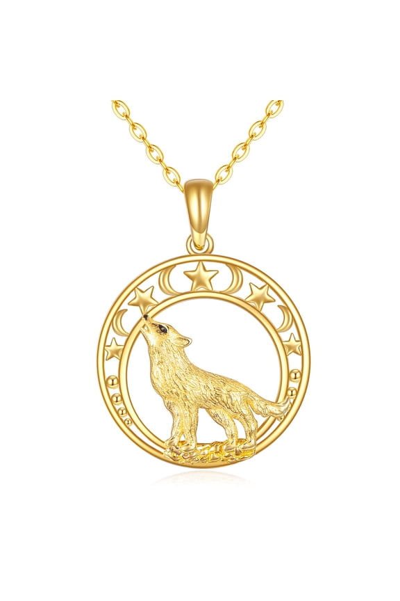 Wolf Gifts Jewelry Necklace for Women 14K Solid Gold Moon and Star Wolf Pendant Necklace Christmas Birthday Gifts for Mom Women Her
