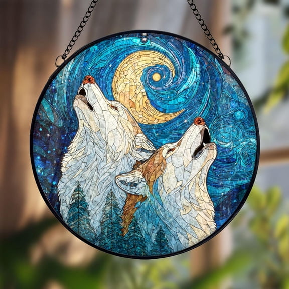 Wolf Glass Suncatcher, Howling Wolves Moonlight Wildlife, 7.9 in