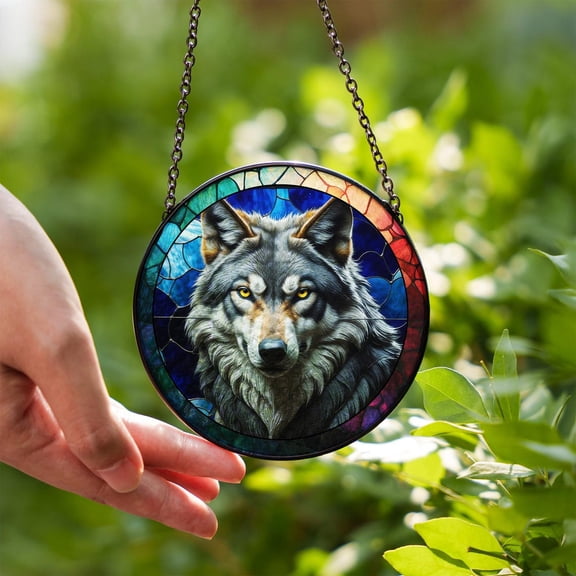 Wolf Glass Suncatcher, Wildlife Glass Art Rustic Home Decor, 6.3 in