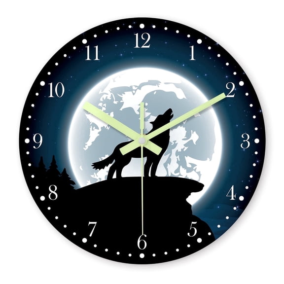 Wolf Glow in the Dark Wall Clocks Battery Operated 12 Inch Modern Moon Clock Wooden Decorative Silent Wall Clock for Living Room Bedroom Bathroom