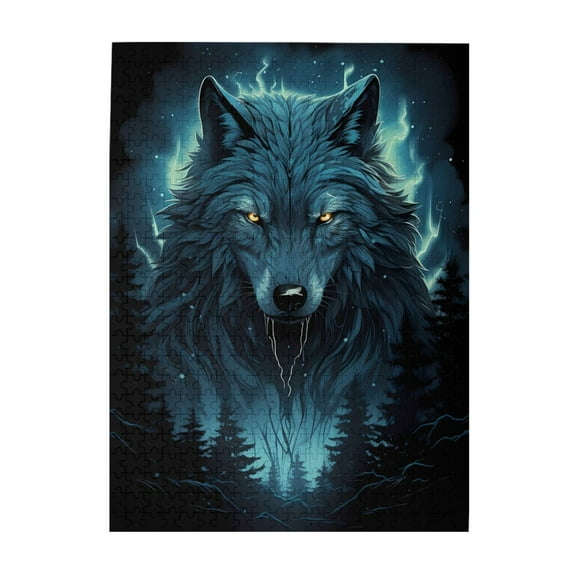 Wolf Glowing Eyes Lightning Forest 500-Piece Wooden Jigsaw Puzzle for Adults, Fun & Challenging Family Brain-Teaser, Perfect Home Decor & Gift