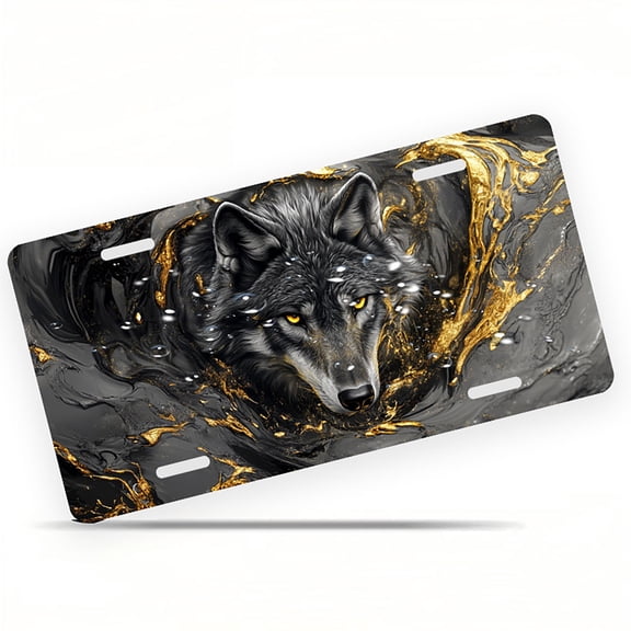 Wolf in Golden Swirls Front License Plate, Metal License Plate, Funny Standard Plates Personalized Novelty Decorative For Men/Women/Boys/Girls Car 6×12 Inch
