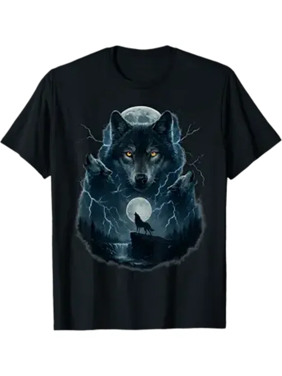 Wolf Graphic Tees Men Alpha Wolves Moon Howling Dark Fantasy T-Shirt
