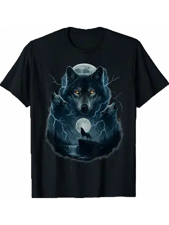Wolf Graphic Tees Men Alpha Wolves Moon Howling Dark Fantasy T-Shirt