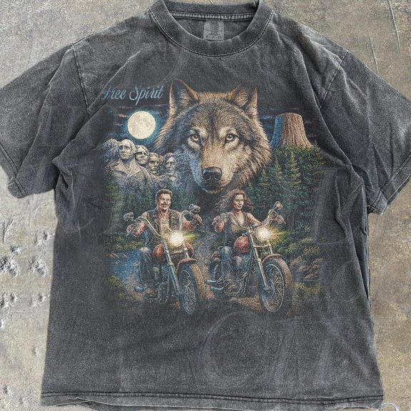 Wolf Harley Vintage 90S Graphic Style Tshirt, Grunge Retro Biker Faded Tee, Wild Nature Y2K Gothic, 2000S Biker Gifts DARK HEATHER Unisex S-5XL Hot Trending Shirt, Vintage Birthday Gift