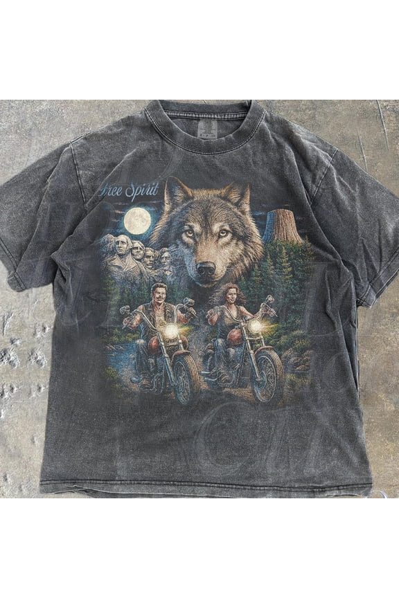 Wolf Harley Vintage 90S Graphic Style Tshirt, Grunge Retro Biker Faded Tee, Wild Nature Y2K Gothic, 2000S Biker Gifts DARK HEATHER Unisex S-5XL Hot Trending Shirt, Vintage Birthday Gift