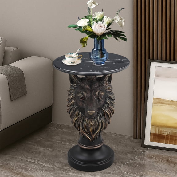 Wolf Head Accent Table, Animal Statue End Table w/ Faux Marble Top