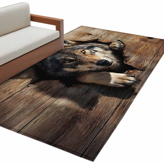 Wolf Head Area Rug 4x6 Washable Rug Non Slip Wood Planks Animal Intense Eyes Large Area Rug Indoor Floor Carpet for Entryway Bedroom Kitchen Living Room Home Office Dining Room Nursery