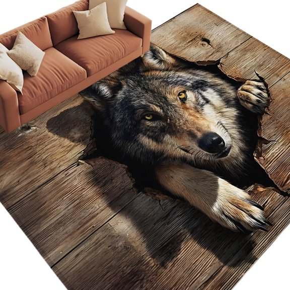 Wolf Head Area Rug 5x7 Washable Rug Non Slip Wood Planks Animal Intense Eyes Large Area Rug Soft Stainresistant Indoor Floor Carpet for Living Room Bedroom Home Office Dining Room Nursery