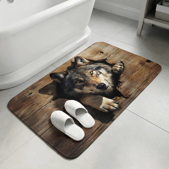 Wolf Head Bathroom Rugs Non Slip Washable Bath Mat Absorbent Low Pile Front Door Mat Wood Planks Animal Intense Eyes Indoor Doormat for Kitchen Entryway Shower Decor Accessories 15.7"x23.6"