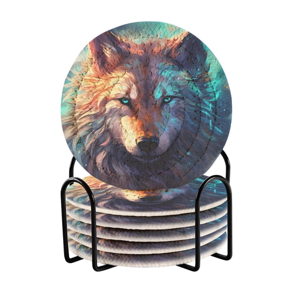 Wolf Head Blue 6 Pcs Drink Coasters with Holder Absorbent Coasters Woven Coasters for Drinks Table Desk Protection Home Decor