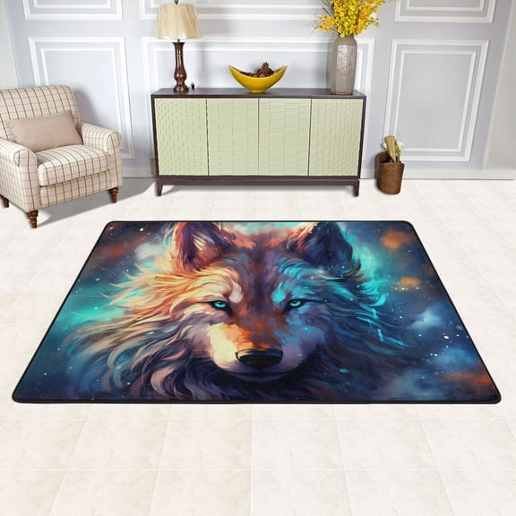 Wolf Head Blue Area Rug Washable 72 x 48 Floor Carpet Mat Non Slip for Bedroom Living Room Kids Room Home Decor