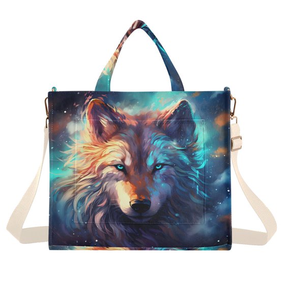 Wolf Head Blue Corduroy Tote Bag Handbag Large Messenger Bag Shoulder Crossbody Zipper Bag Purse