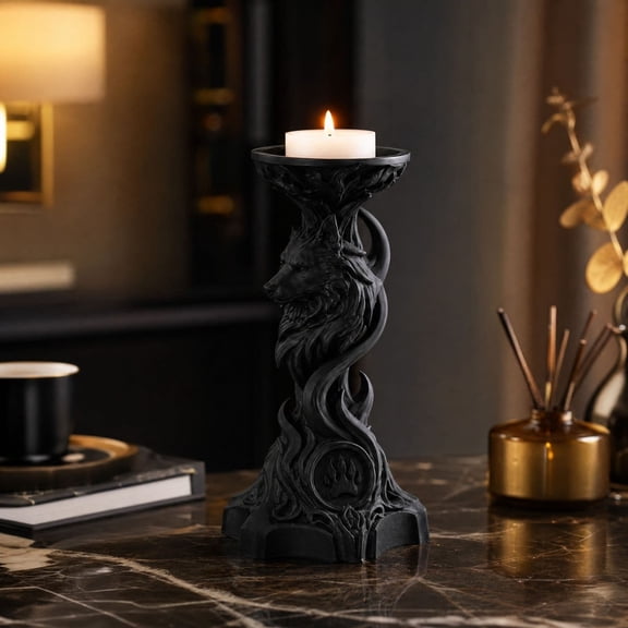 Wolf Head Candlestick, Wolf Sculpture Candle Holder, Totem Style Plastic Candlestick With Wide Base for Living Room Fireplace Bedside Table Party and Holiday Home Decor Display