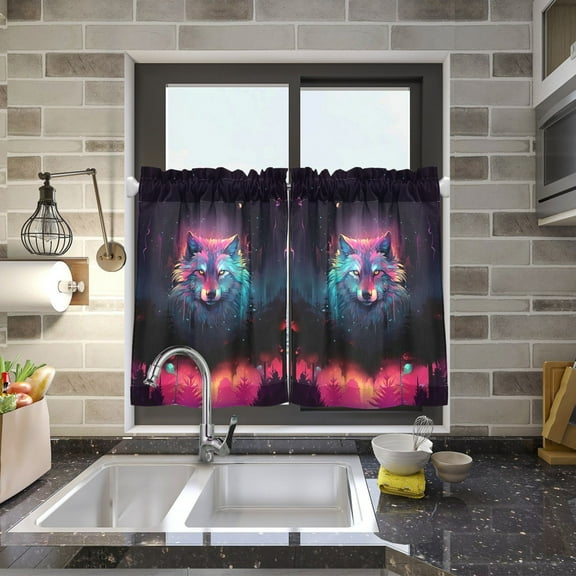 Wolf Head Colorful Kitchen Curtains Half Tier Curtain 2 Rod Pockets Bathroom Bedroom Cupborad Living Room 27"x24"