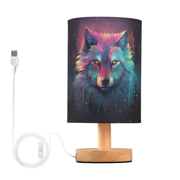 Wolf Head Colorful Table Lamp USB Bedside Desk Nightstand Lamp Printed Gifts Small Lamp Wood Base for Bedroom Living Room Kids Room College Dorm