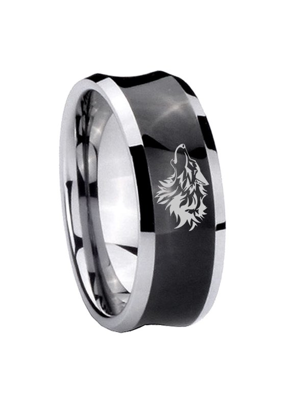 Wolf Head Concave Black Tungsten Men Ring 10MM