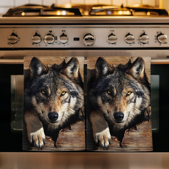Wolf Head Kitchen Towels Set of 1, Wood Planks Animal Intense Eyes Absorbent Dish Towels for Kitchen, Microfiber Hand Towel, Quick Drying Tea Towel for Cleaning Decorative Dishcloths