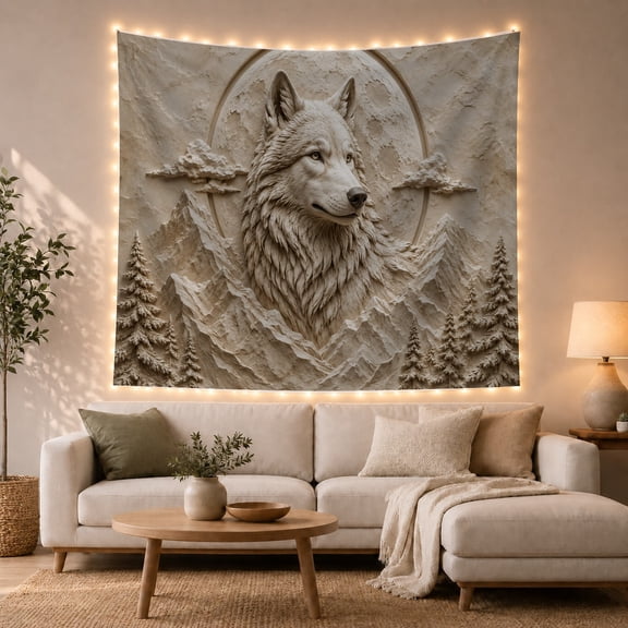 Wolf Head Above Mountains and Pine Trees, Dramatic Rustic Style for Wildlife Fans, Nature Wall Art, Housewarming Gift, Tapestry Wall Hanging for Bedroom and Cabin