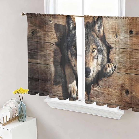 Wolf Head Sheer Curtains for Living Room Bedroom Wood Planks Animal Intense Eyes Sheer Curtains 54 Inch Long 2 Panels Set Light Filtering Curtain Window Treatments Drapes for Dining Room