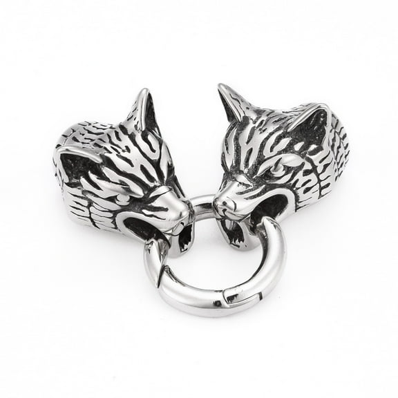 Wolf Head Stainless Steel Spring Gate Rings O Rings with Two Cord End Caps Silver 61x18x16.5mm