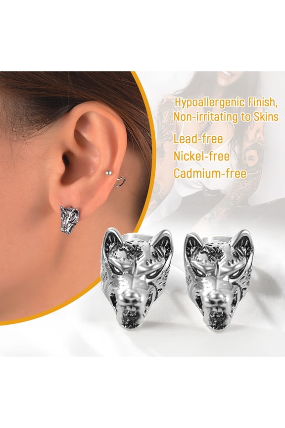 Clearance Wolf Head Stud Earrings for Men Stainless Steel/Gold/Black Vintage Animal Punk Jewelry Halloween Party Gift