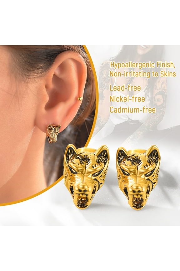 Clearance Wolf Head Stud Earrings for Men Stainless Steel/Gold/Black Vintage Animal Punk Jewelry Halloween Party Gift