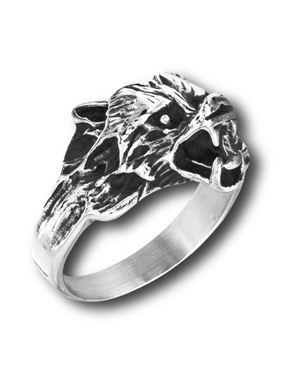 Wolf Head Teeth Animal Ring Stainless Steel Wild Dog Band Gray Jewelry Female Male Unisex Size 15