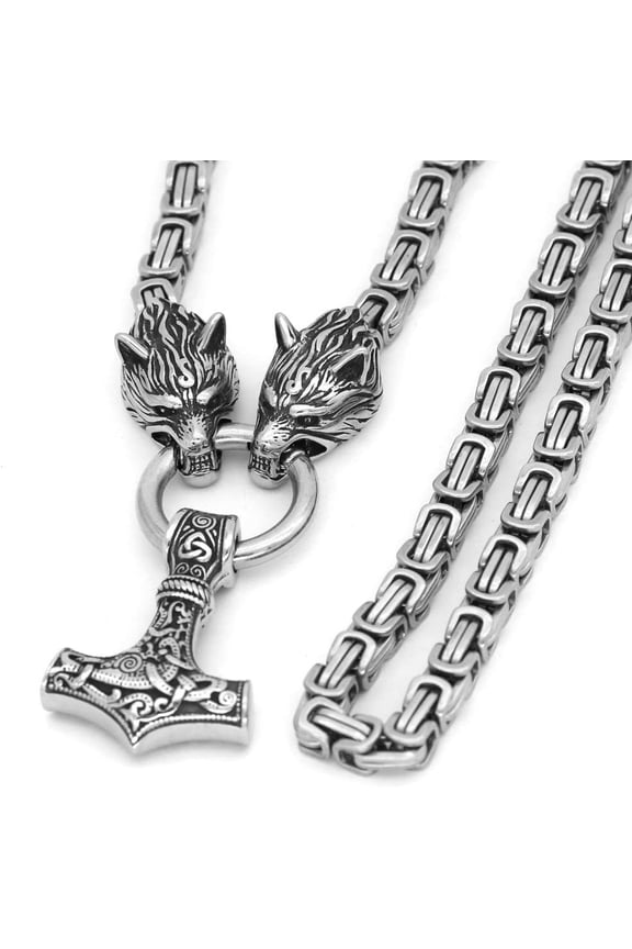 Wolf Head Thor's Hammer Pendant Necklace, Stainless Steel - King Chain
