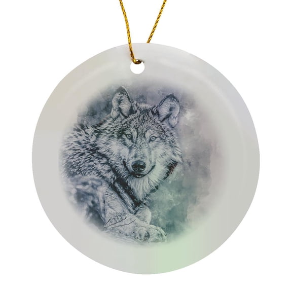 3drose, Wolf Head Watercolor Painting, Circle Porcelain Ornament