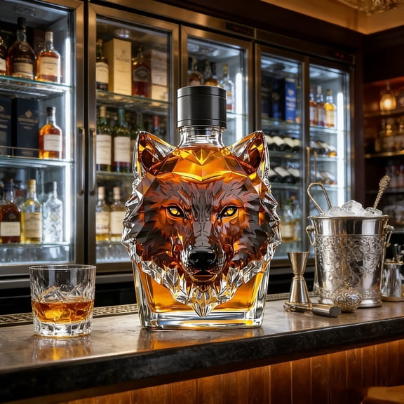 Wolf Head Whiskey Decanter, Clear Glass Liquor Bottle for Spirits Cocktail Home Bar Display, Clear
