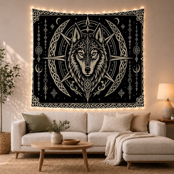 Wolf Head Within an Ornate Compass Sigil, Mystical Gothic for Norse Mythology Fans, Symbolic Wolf Art, Housewarming Gift, Tapestry Wall Hanging for Bedroom and Living Room