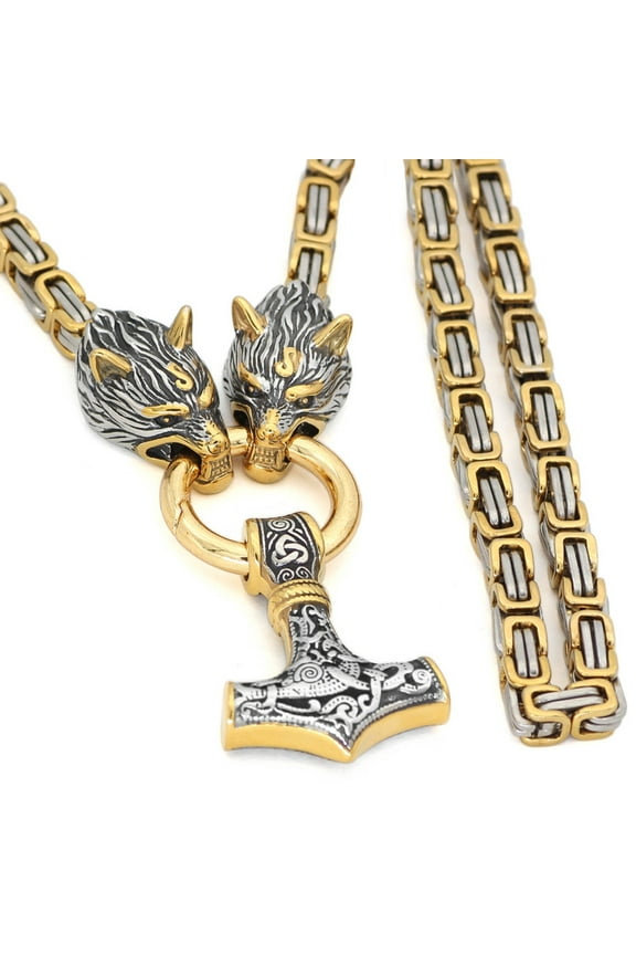 Wolf Head and Thor's Hammer Pendant Necklace Stainless Steel - King Chain