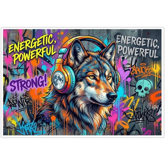 Wolf with Headphones Canvas Wall Art Graffiti Poster Vibrant Colorful Street Art Energetic Modern Animal Print for Living Room Bedroom Teen Game Room Decor for Men Boys