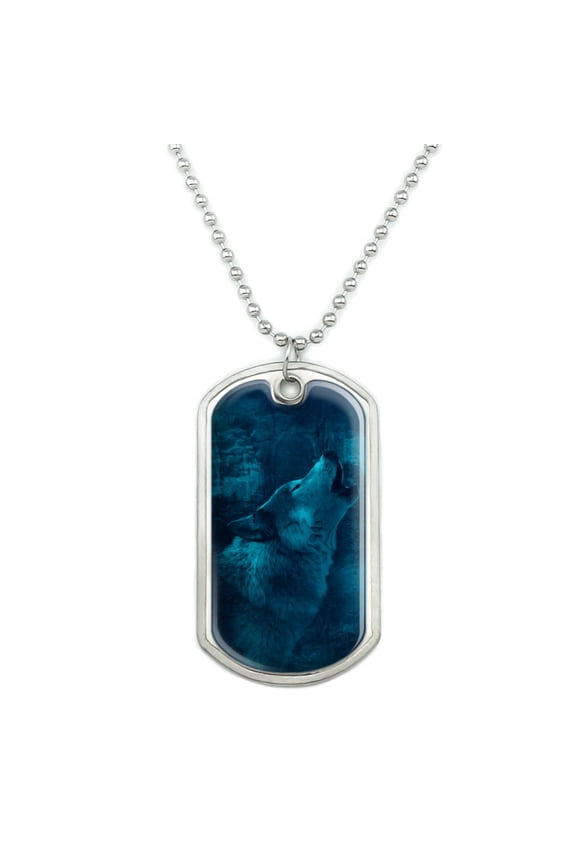 Wolf Howl Howling Blue Moon Wolves Military Dog Tag Pendant Necklace with Chain