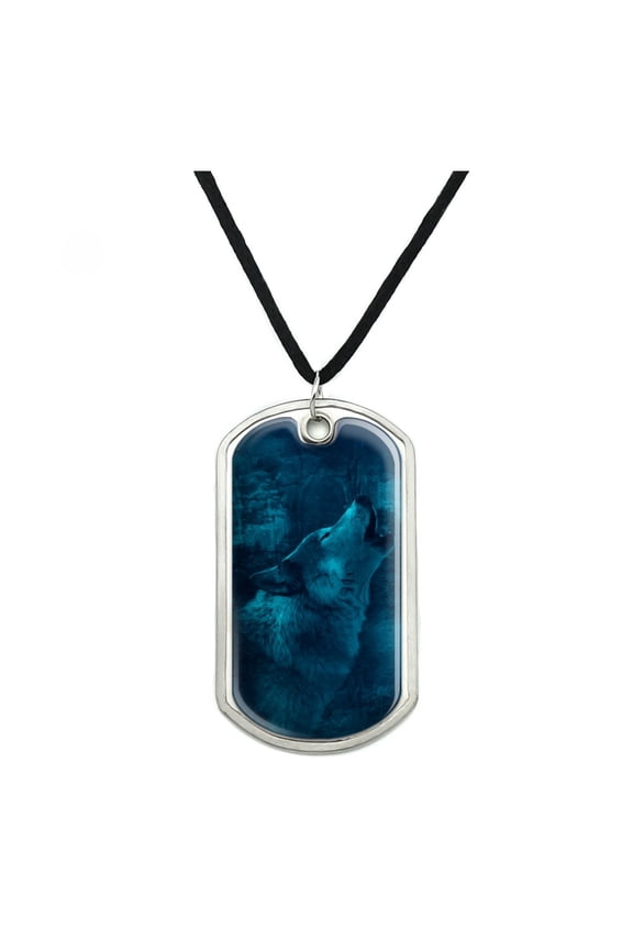 Wolf Howl Howling Blue Moon Wolves Military Dog Tag Pendant Necklace with Cord