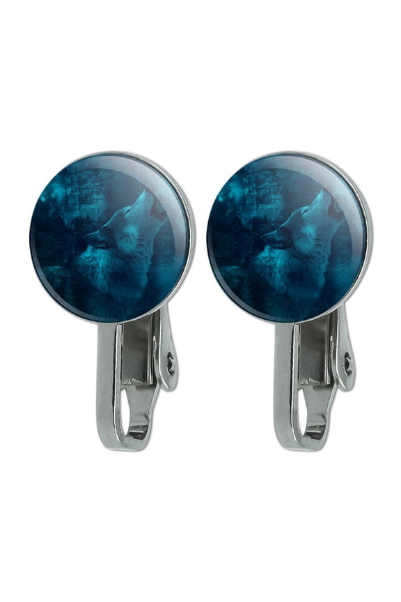 Wolf Howl Howling Blue Moon Wolves Novelty Clip-On Stud Earrings